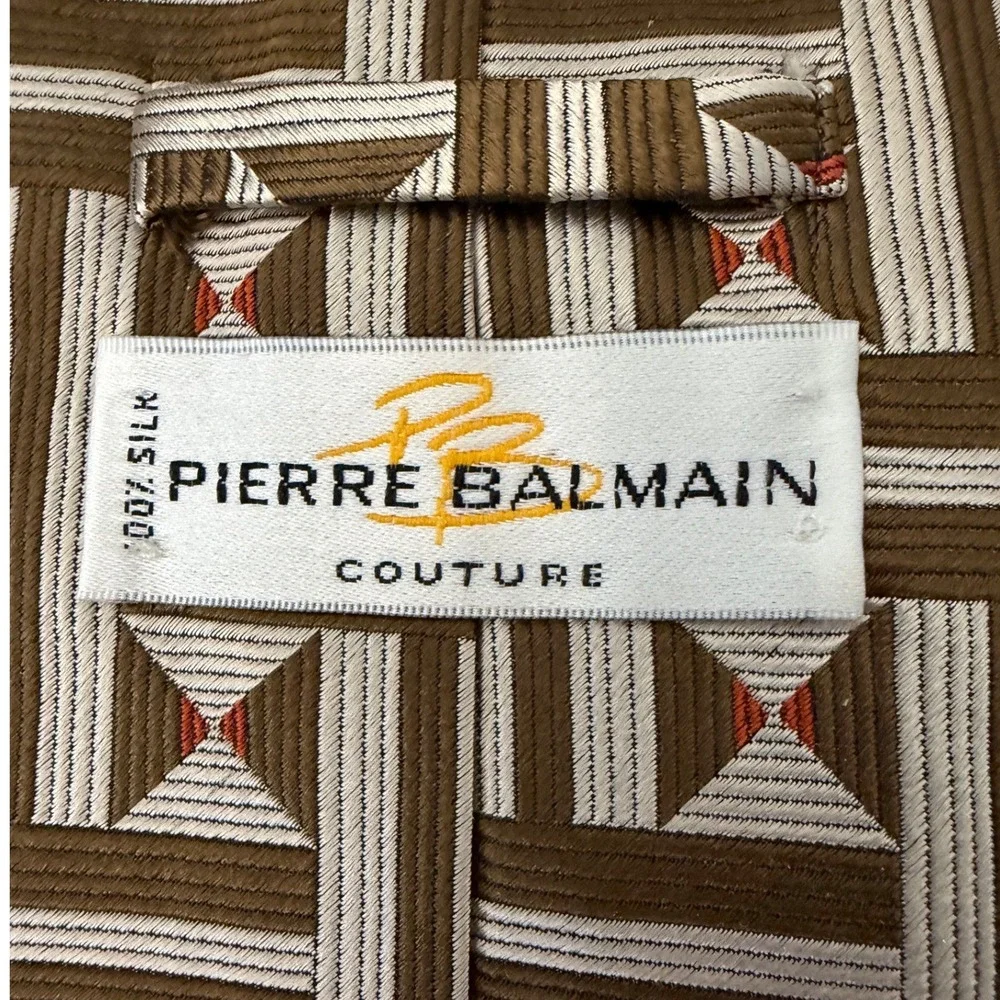 Pierre Balmain Silk Necktie Vtg Brown Geometric Couture France Designer Art Deco